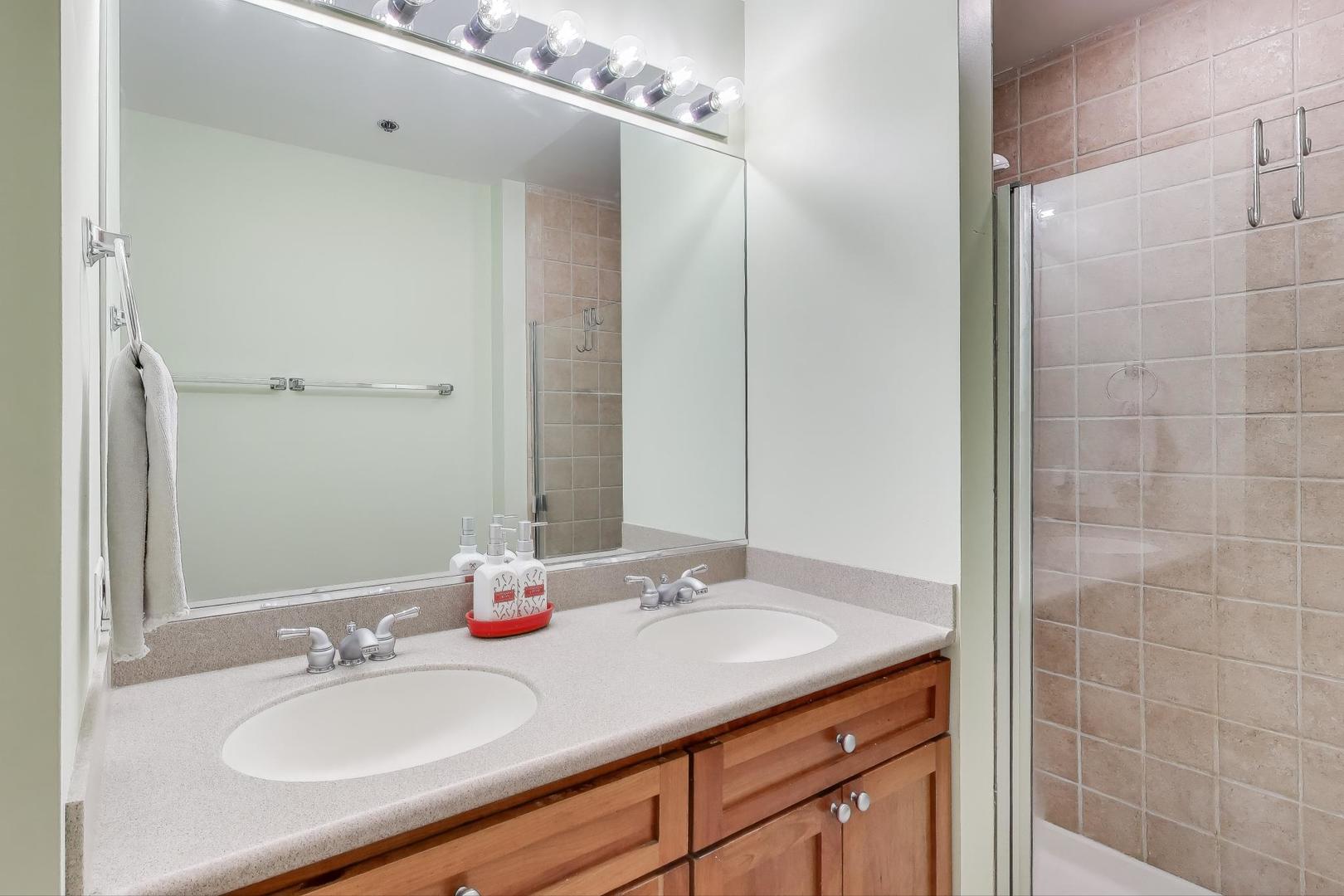 1529 South State Street, Unit 14J Chicago, IL 60605 - Photo 17 of 30 a bathroom with a granite countertop sink and a mirror