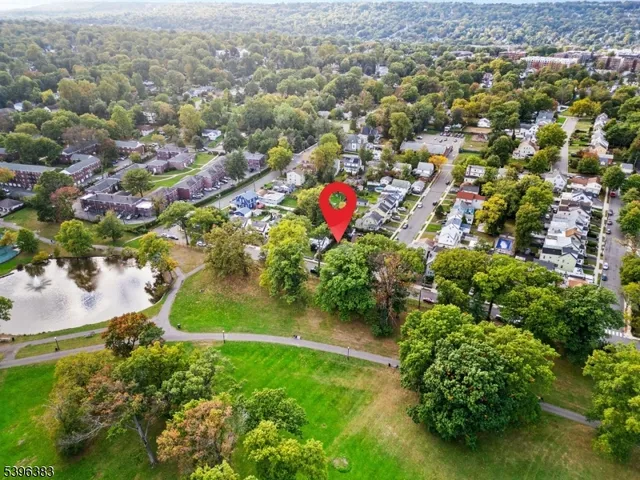 an aerial view of residential houses with outdoor space and trees