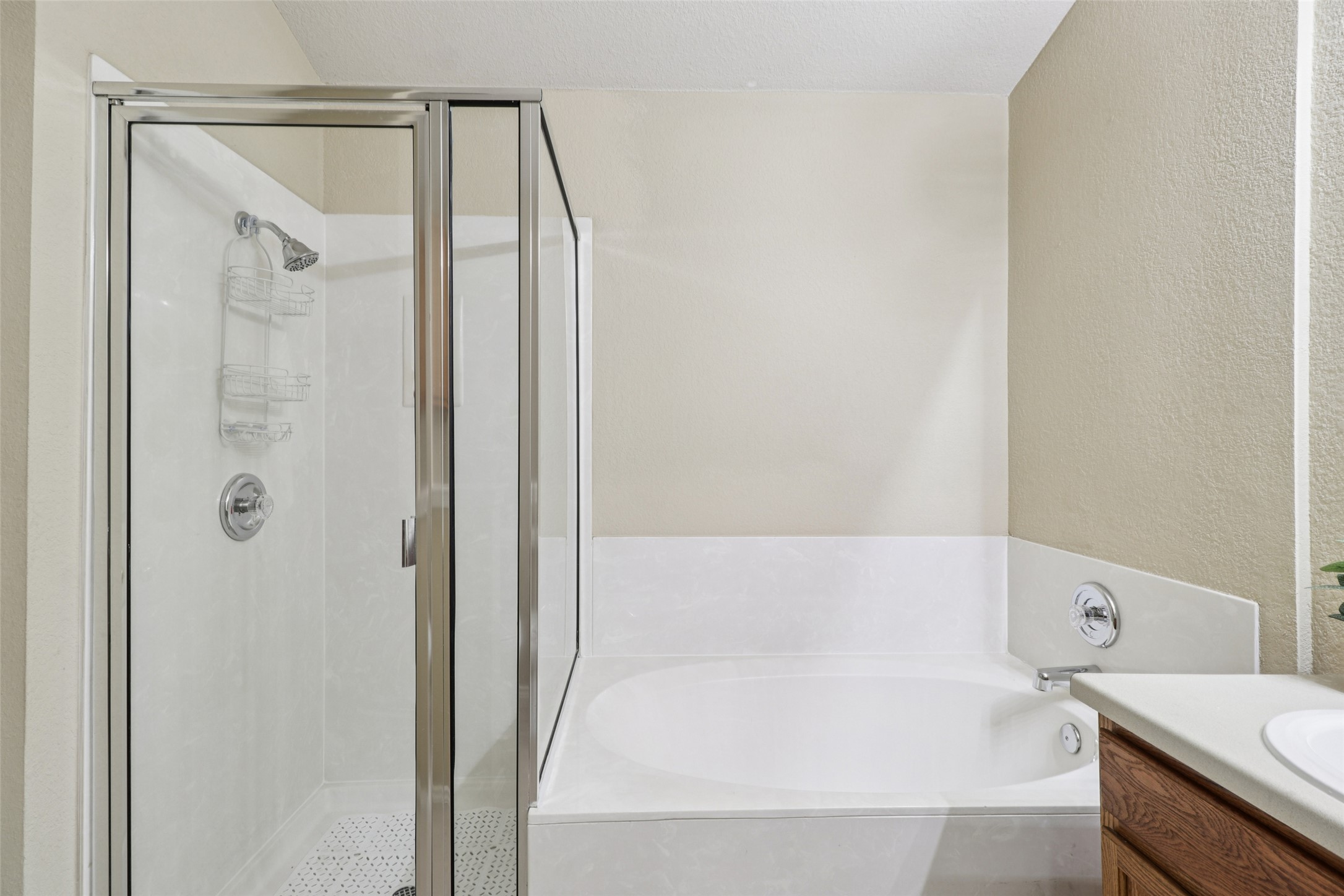 700 Scheel Road Kyle, TX 78640 - Photo 26 of 39 Bathroom featuring a glass-enclosed shower with a white surround and a deep soaking tub