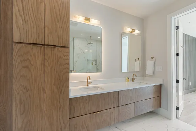 a bathroom with a double vanity sink mirror and shower
