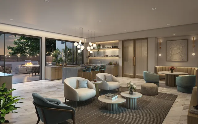 a view of a dining room with furniture a large window and a fireplace