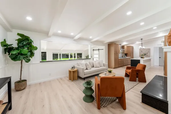 a living room with furniture and a potted plant