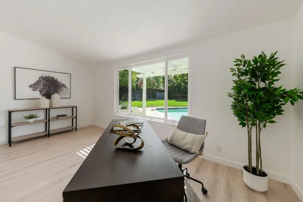 a living room with furniture and a potted plant