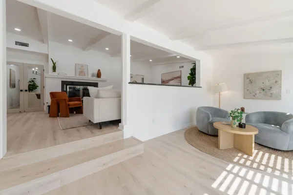 a living room with furniture and a potted plant