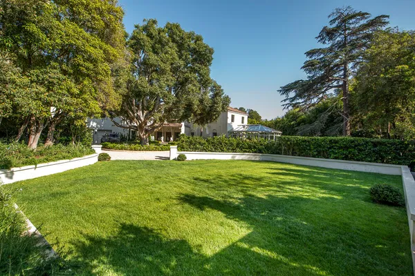 a view of a yard with large trees
