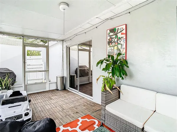 a garden view with a seating space