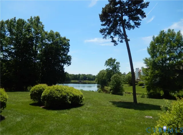 a view of a garden with a fountain