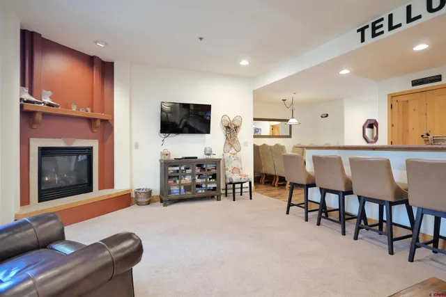 a view of a dining room with furniture