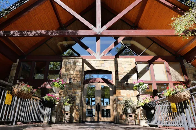 a view of a street with potted plants and a building