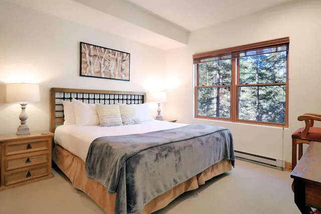 a bedroom with a large bed and furniture