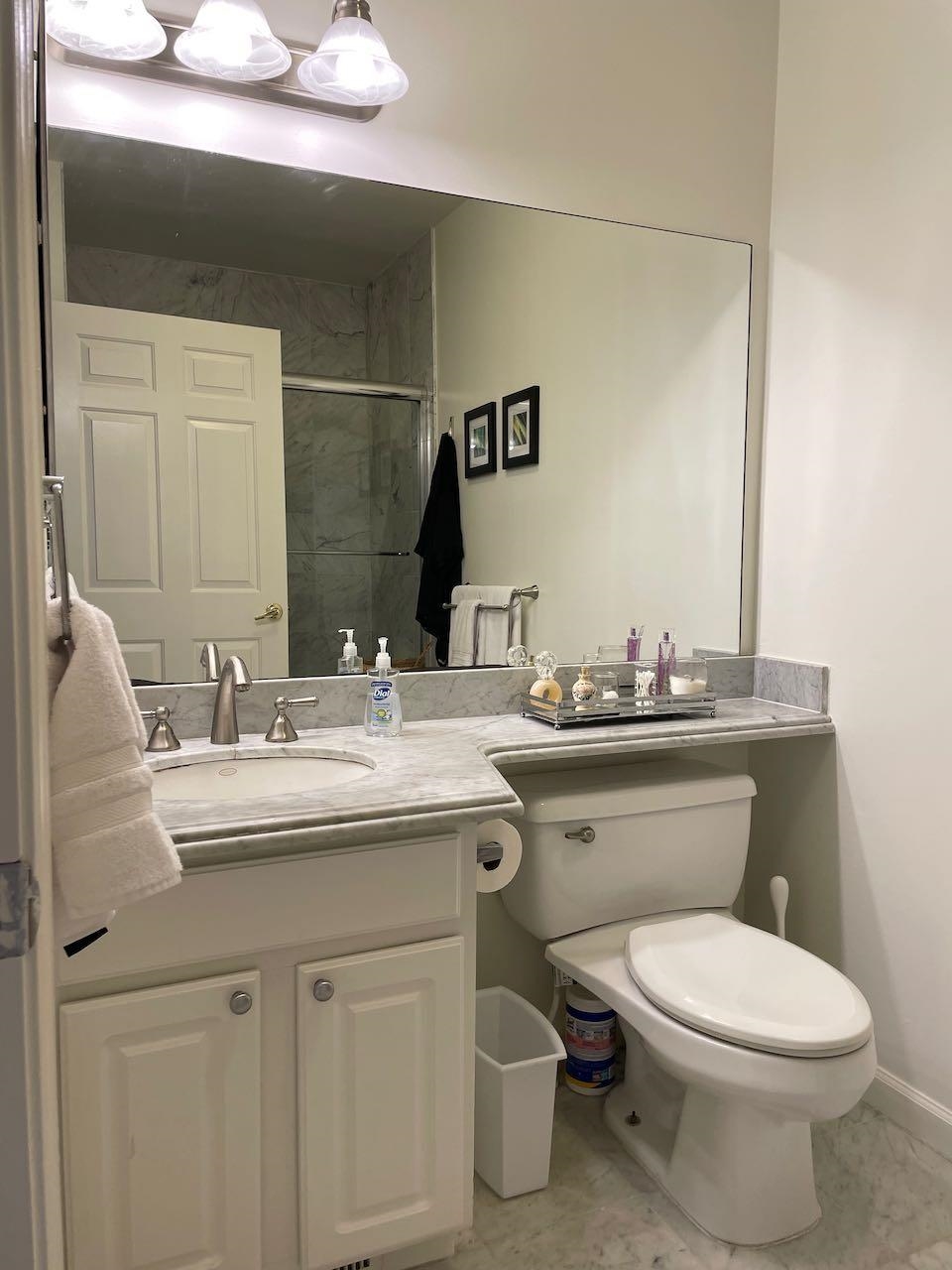 151 The Promenade Edgewater, NJ 07020 - Photo 3 of 6 a bathroom with a granite countertop toilet sink and mirror
