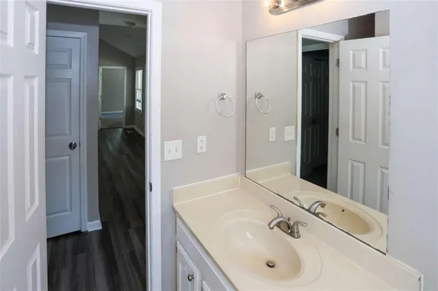 a bathroom with a sink and a mirror