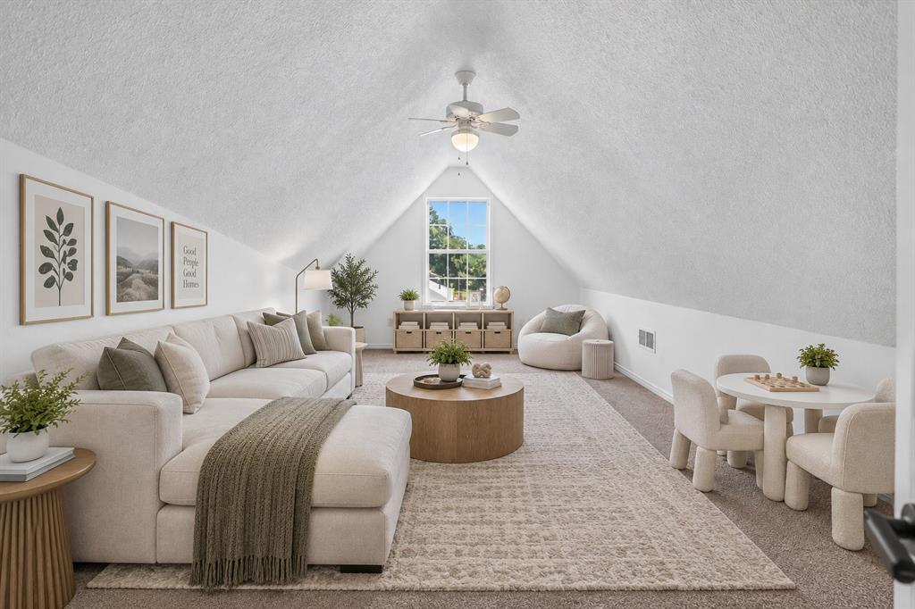 11413 Canoe Road Frisco, TX 75035 - Photo 19 of 25 Vaulted ceiling room featuring a ceiling fan, window, and carpeted flooring