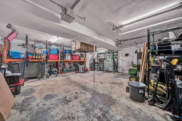 a view of a garage with storage