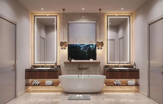 a living room with a flat screen tv and kitchen view