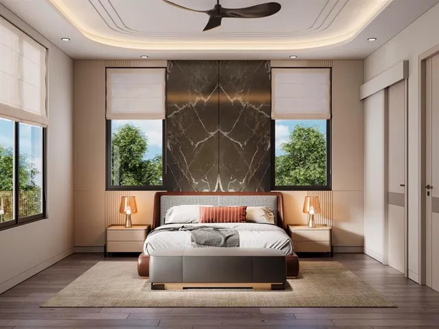 a bedroom with a bed and window