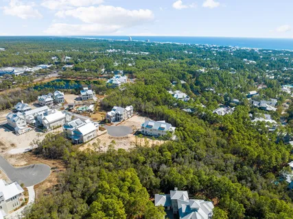 an aerial view of residential houses with outdoor space and trees