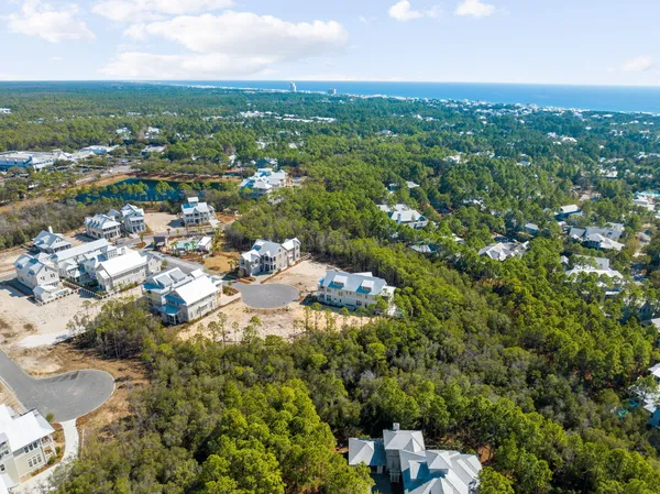 an aerial view of residential houses with outdoor space and trees