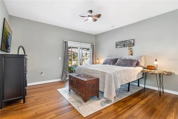 a bedroom with a bed and wooden floor