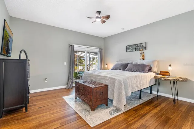 a bedroom with a bed and wooden floor