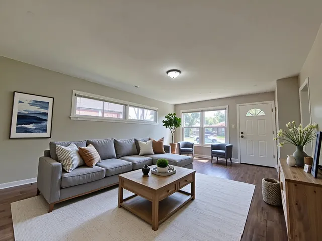 a living room with furniture and wooden floor