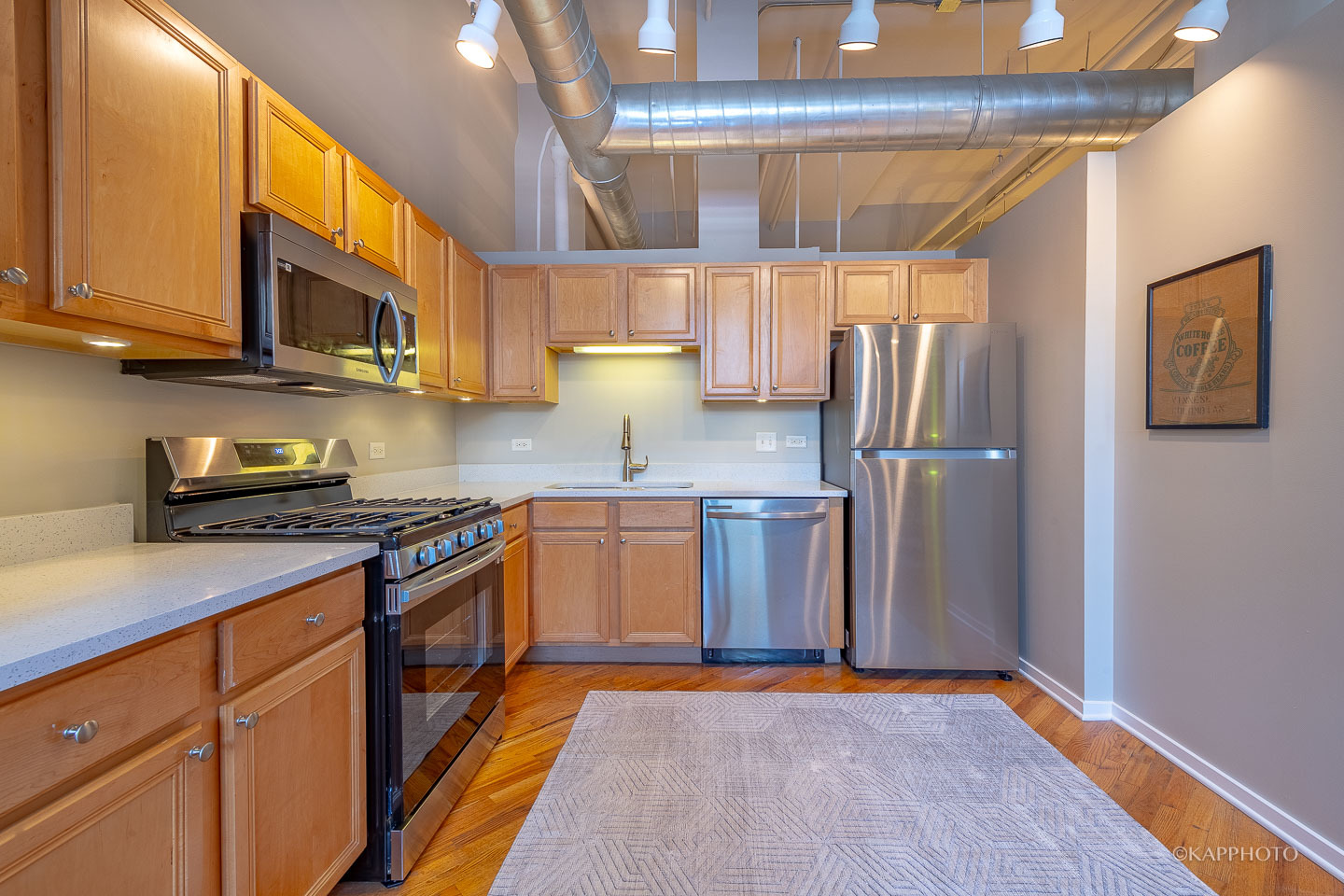 500 South Clinton Street, Unit 133 Chicago, IL 60607 - Photo 13 of 28 a kitchen with stainless steel appliances granite countertop a refrigerator a stove top oven a sink and dishwasher