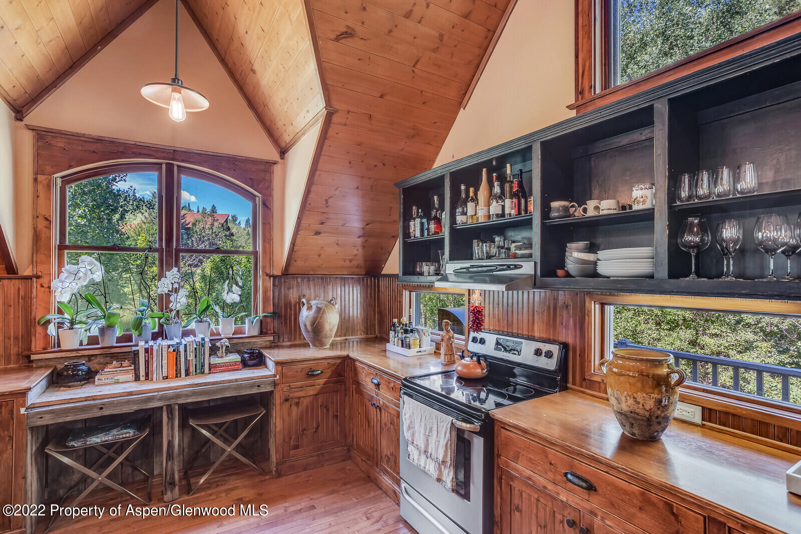 800 Dorais Way Redstone, CO 81623 - Photo 14 of 35 a kitchen with stainless steel appliances granite countertop a stove a refrigerator a sink and dishwasher a stove with wooden floor
