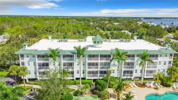 an aerial view of a swimming pool