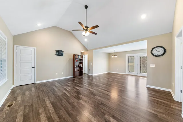 a view of a livingroom with a large window
