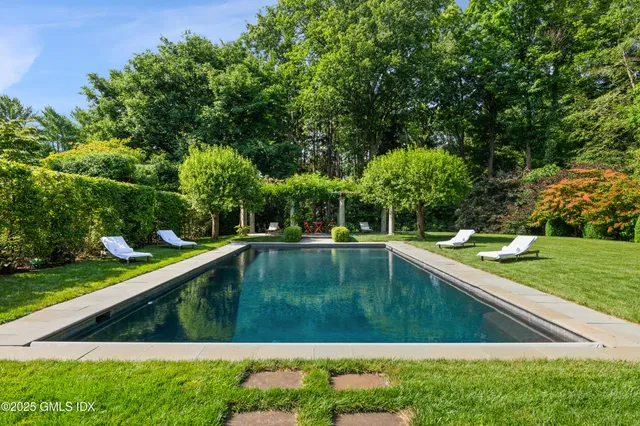 a view of a patio with table and chairs potted plants and large tree