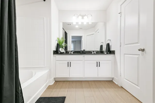 a bathroom with a sink a mirror and a bathtub