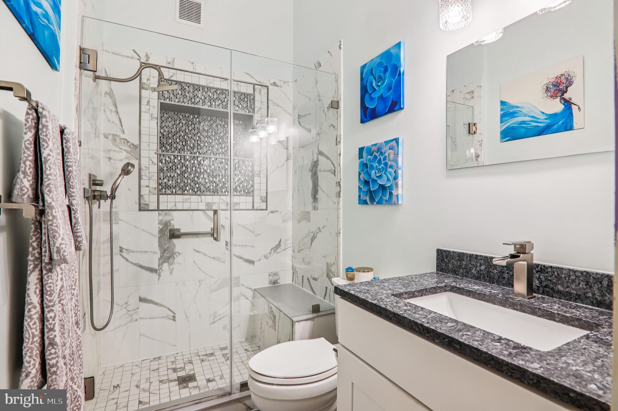 4200 19th Street Northeast Washington, DC 20018 - Photo 17 of 34 a bathroom with a granite countertop sink a toilet and shower