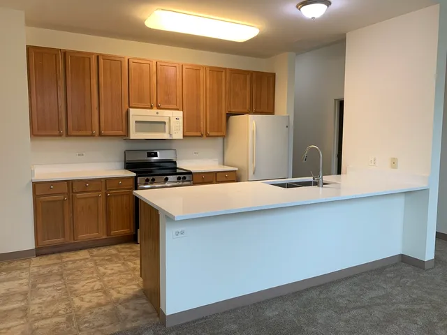 a kitchen with a sink a stove a refrigerator and cabinets