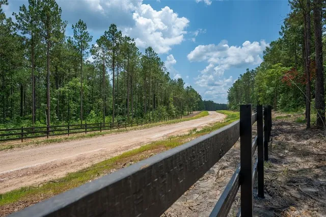 a view of a yard with wooden fence