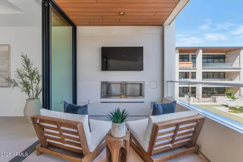 a living room with furniture a fireplace and a potted plant
