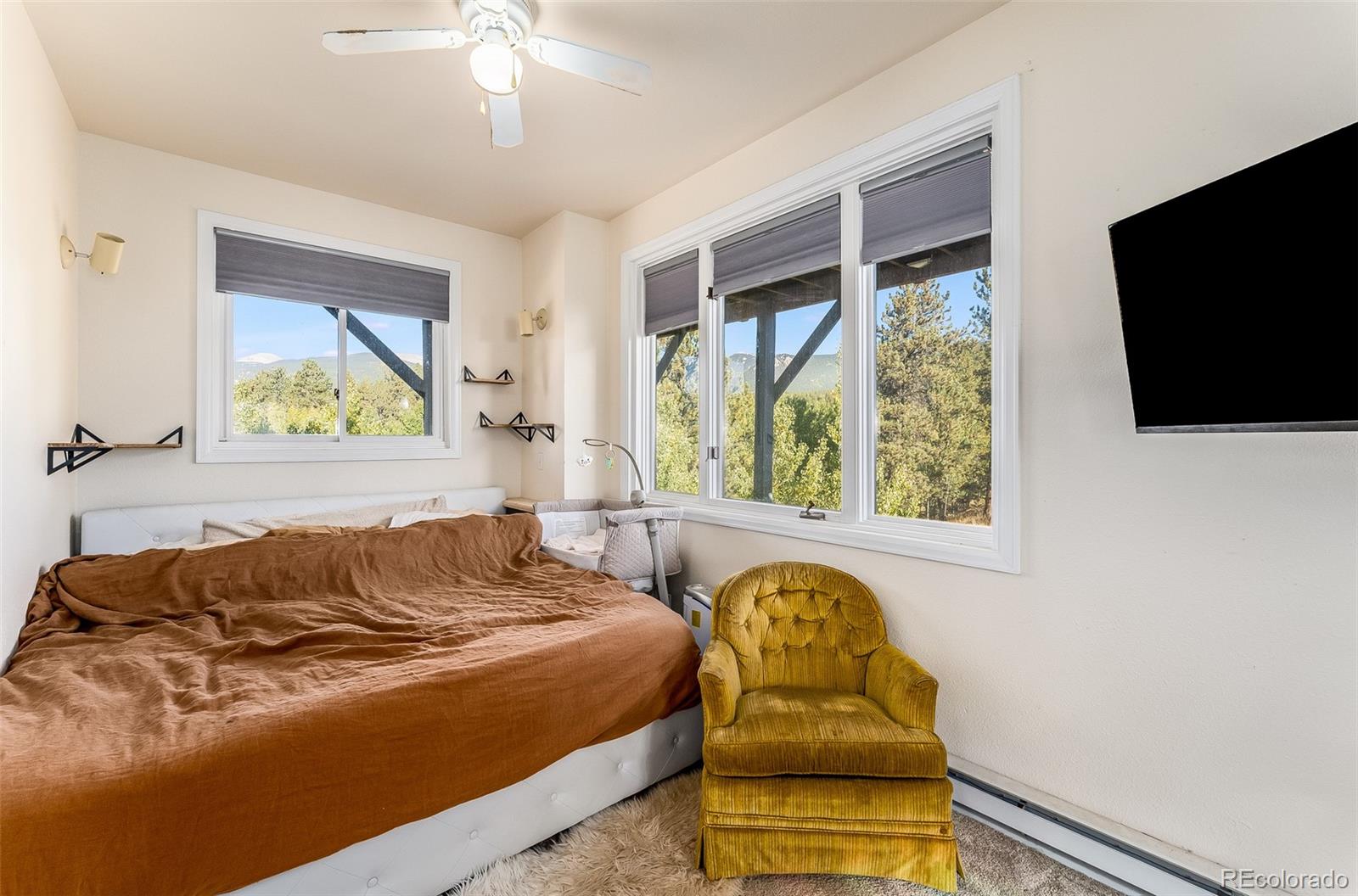 285 Appleby Street Bailey, CO 80421 - Photo 14 of 35 a bedroom with a bed and a flat screen tv
