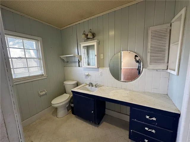 a bathroom with a toilet a sink and mirror