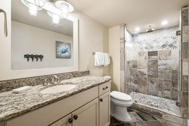 a bathroom with a granite countertop sink a toilet and shower