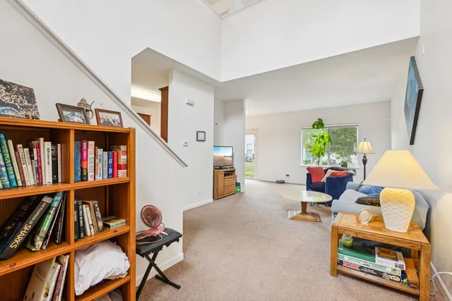 a living room with lots of furniture and a book shelf