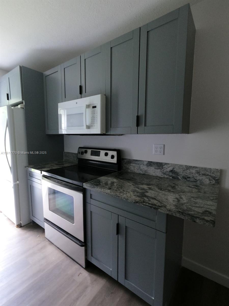 26633 Southwest 138th Court Homestead, FL 33032 - Photo 31 of 58 a kitchen with stainless steel appliances granite countertop a stove a sink and a microwave
