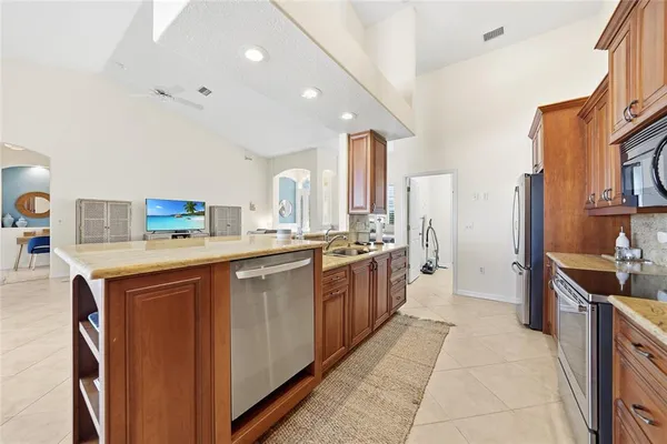 a view of a dining room with furniture window and outside view