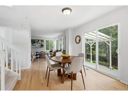 a dining room with furniture and wooden floor