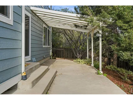 a backyard of a house with large trees and plants