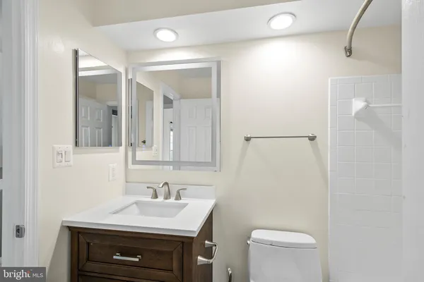 a bathroom with a sink a toilet a mirror and vanity