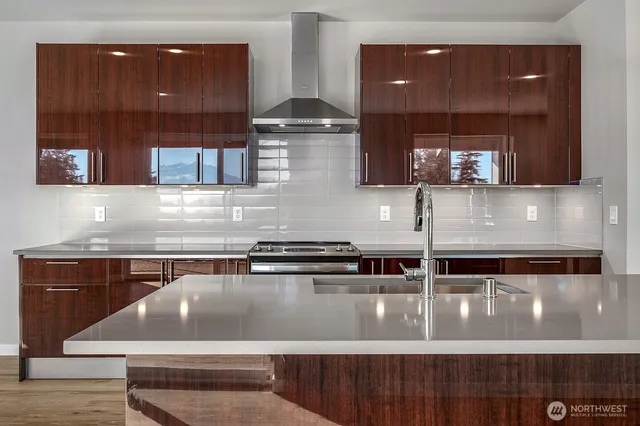 a close view of kitchen sink and stove