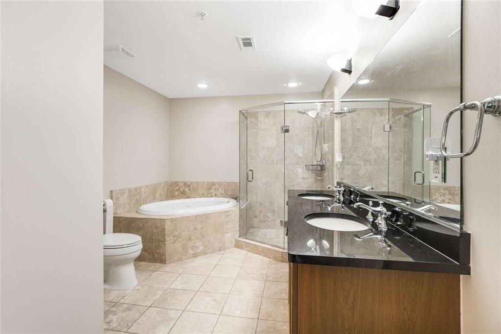 3275 Lenox Road Northeast, Unit 302 Atlanta, GA 30324 - Photo 20 of 50 a bathroom with a granite countertop sink a toilet a mirror and shower