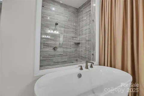 a bathroom with a bathtub and shower