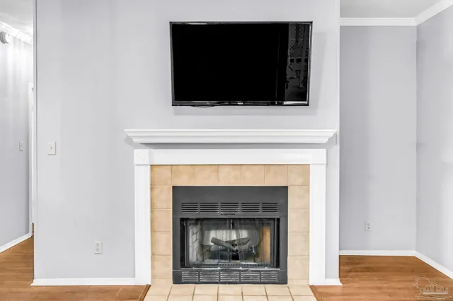 a living room with a fireplace