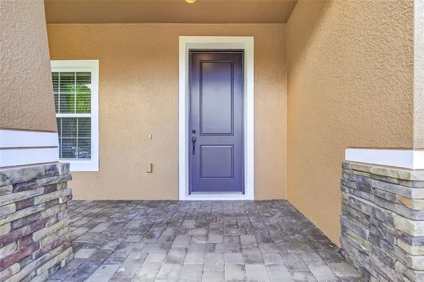 a view of a hallway with a door and a yard