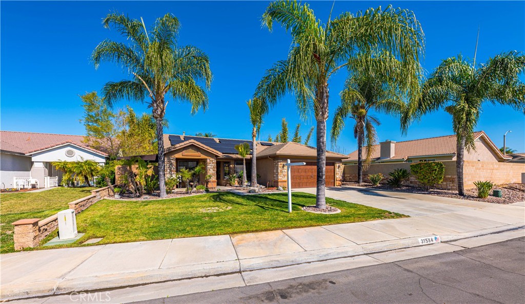 31584 Adour Way Winchester, CA 92596 - Photo 8 of 51 a front view of a house with a garden and trees
